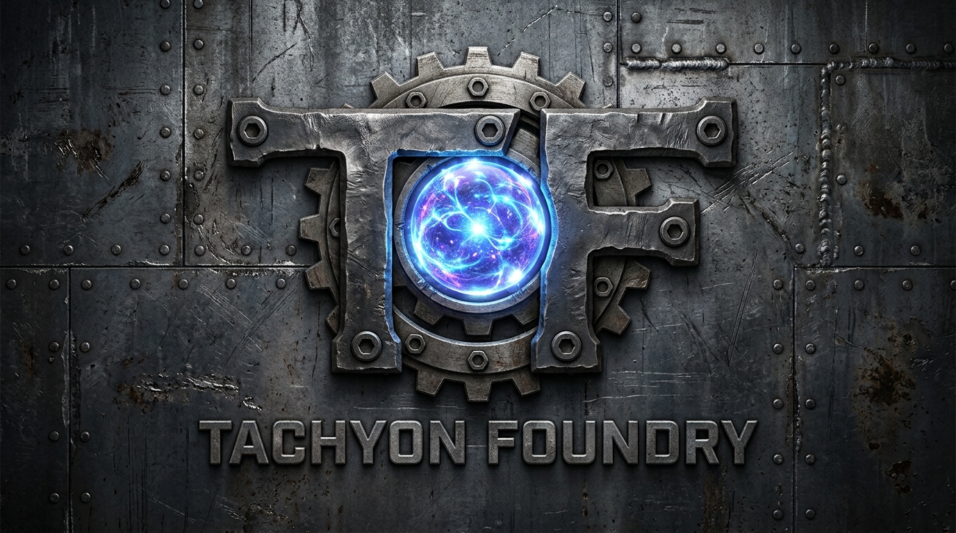 Tachyon Foundry Logo - Sci-Fi Industrial Gears with Blue Energy Core